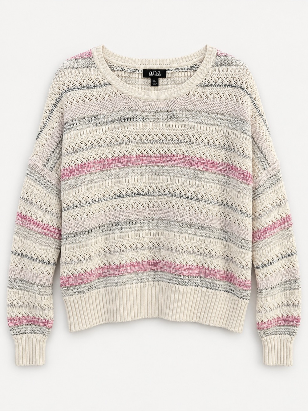 a.n.a XL Cream Pink & Gray Striped Openwork Knit Sweater
